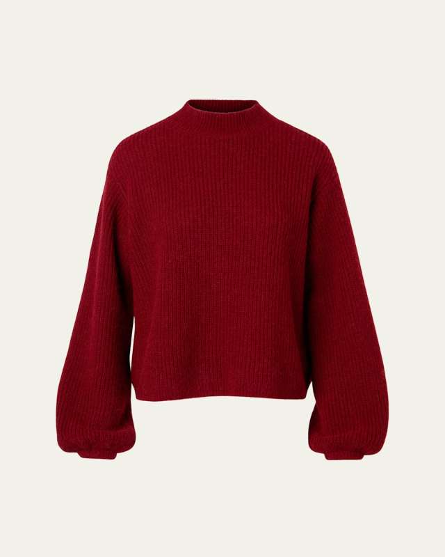 Mock-Neck Blouson-Sleeve Alpaca Wool Rib Sweater